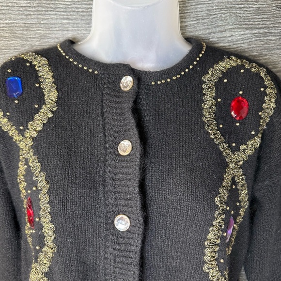 80s Bling Casino Grandma Cardigan Black Beaded Jewel Button Silk Angora Small S - Picture 6 of 9